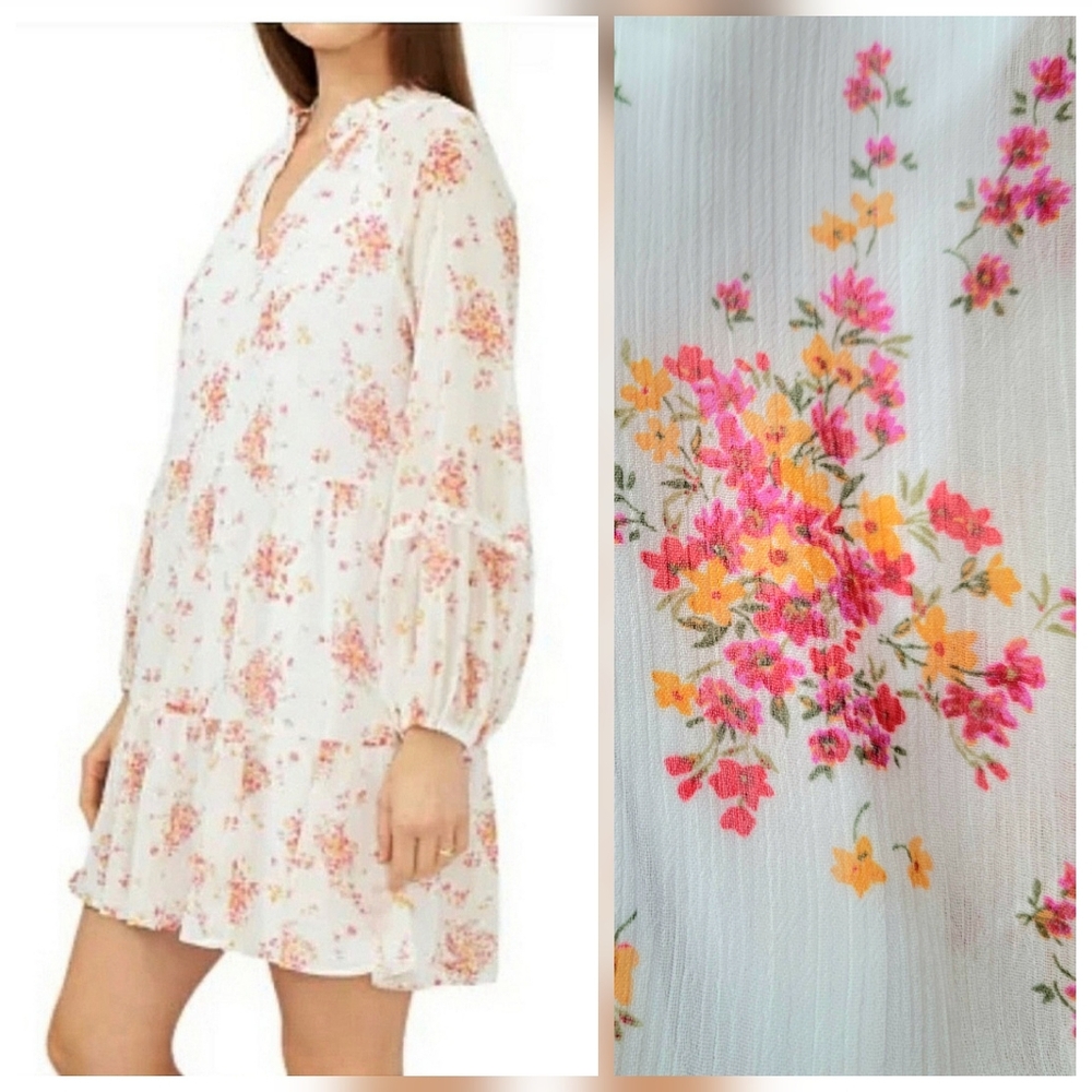 Vince Camuto Longsleeve Chiffon Midi Drop Waist White & Pink Floral Print Dress